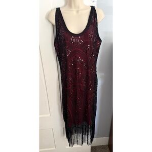 Flapper Style Cocktail Dress with Sequins & Fringe Red/Black Gatsby Party 1920s